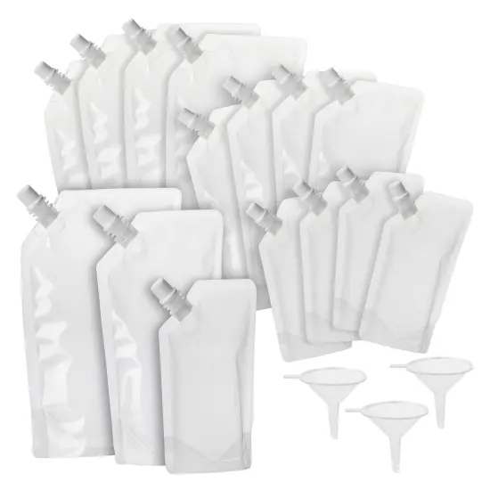 30 Pack Reusable Adult Plastic Drink Pouches with Funnels for Juice, Soda, Liquor (8, 16, 32 Ounces) Clear {7}