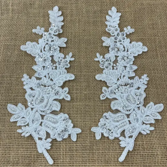 1 Pair Beaded & Corded Floral Lace Applique 100% Polyester Net Mesh 12" X 3.5" Each Side Sage Color {6}