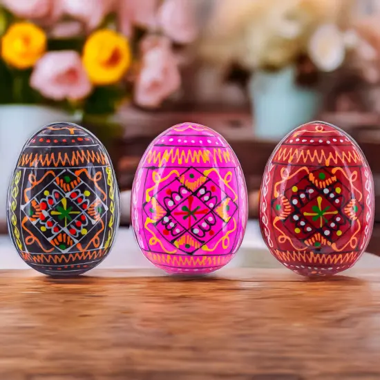 Set of 3 Red Shades Geometric Ukrainian Pysanky Wooden Easter Eggs 2.5 Inches {4}