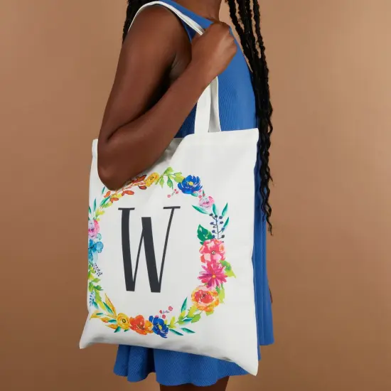 Set of 2 Reusable Monogram Letter W Personalized Canvas Tote Bags for Women, Floral Design (29 Inches) White {3}