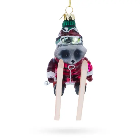 Skiing Raccoon Glass Christmas Ornament {4}