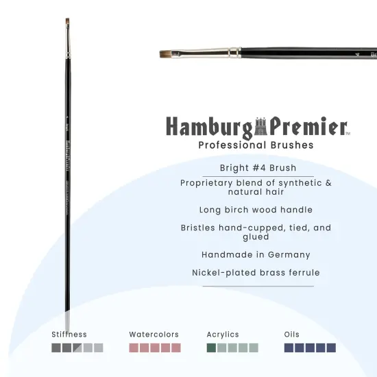 Creative Mark Hamburg Premiere Professional Oil Painting Brushes - Bright #4 Oil Paint Brush - Handmade in Germany, Natural & Synthetic Hair Blend, Long Triple-Lacquered Birch Handle {3}