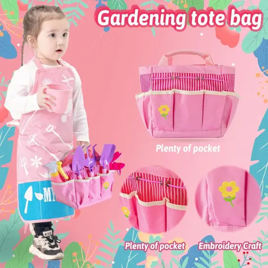 Kids Pink Gardening Tools Set, Garden Toys w/Metal Rake, Shovel, Trowel, Watering Can, Gloves, Tote Bag, Plant pots, DIY Bookmark Kits, Spring Summer Toy Outdoor Gift for Toddler Boy Girl {3}