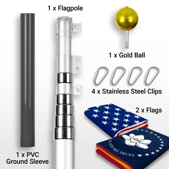 G128 Combo Pack: 20 Ft Telescoping Aluminum Flagpole (Silver) & American and Mississippi Magnolia Flags 3x5 Ft, Both ToughWeave Series Embroidered Polyester | Pole with Flags Included {2}