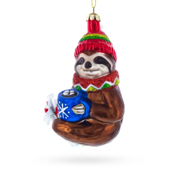 Sloth with Mug Glass Christmas Ornament {3}