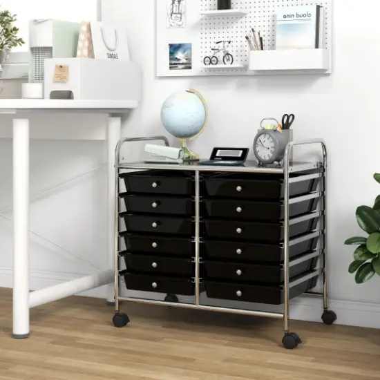 12 Removable Drawers Rolling Storage Cart with 4 Universal Wheels and Metal Frame Black {2}