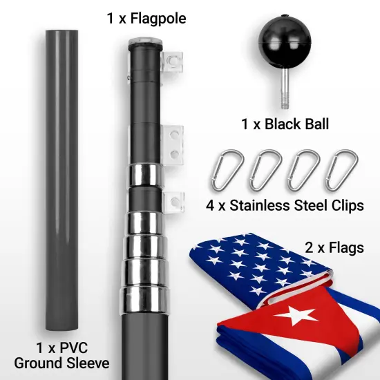 G128 Combo Pack: 20 Ft Telescoping Aluminum Flagpole (Black) & American and Cuba Flags 3x5 Ft, Both ToughWeave Series Embroidered Polyester | Pole with Flags Included {2}