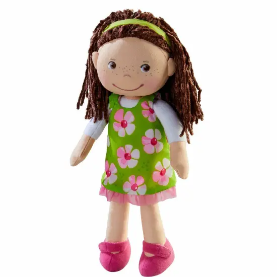 HABA Coco 12" Soft Baby Doll with Brown Hair, Embroidered Face, Removable Green Dress, Matching Headband - Machine Washable Toddler Doll - 18 Months+ Multicolor {1}