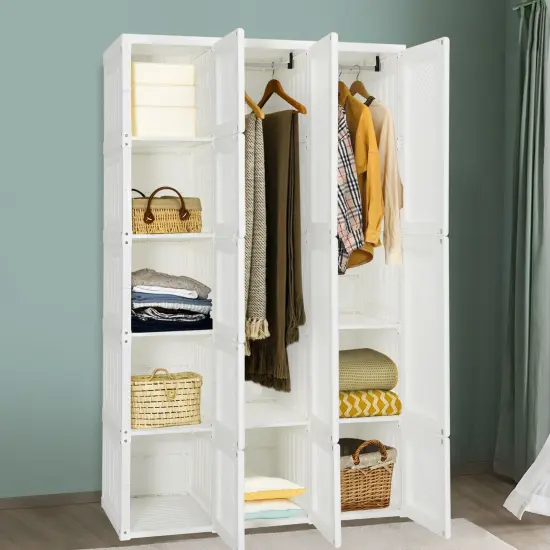 White ABS Foldable Armoire Wardrobe Closet with 2 Retractable Rods and 10 Cubes {3}