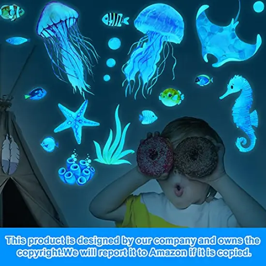 Glow in The Dark Ocean Fish Wall Stickers, Under The Sea Wall Stickers Vinyl Sea Life Wall Decals Removable Waterproof Peel and Stick for Boys Kids Bedroom Bathroom Creatures {4}