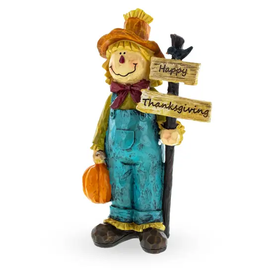 Friendly Scarecrow Holding Happy Thanksgiving Sign Figurine {1}