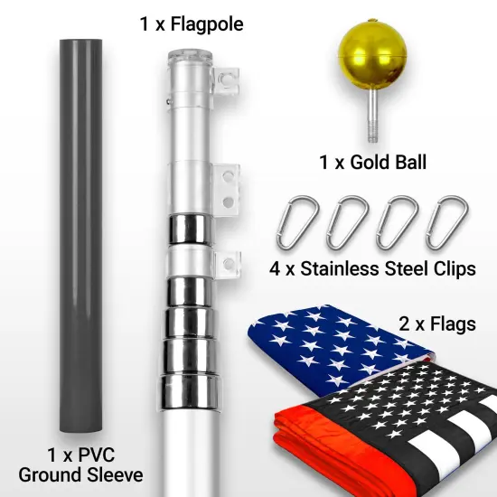 G128 Combo Pack: 20 Ft Telescoping Aluminum Flagpole (Silver) & American and Thin Red Line Flags 3x5 Ft, Both ToughWeave Series Embroidered Polyester | Pole with Flags Included {2}