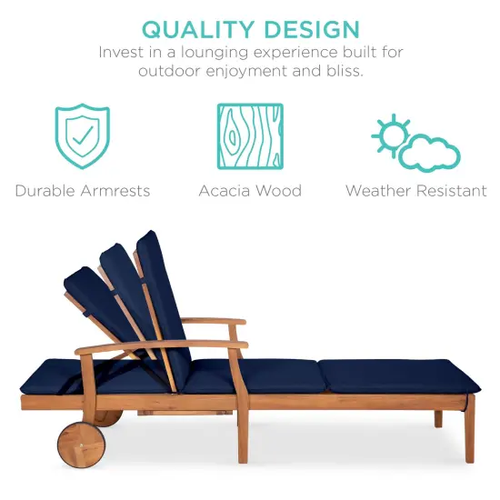 Best Choice Products 79x26in Acacia Wood Outdoor Chaise Lounge Chair w/ Adjustable Backrest, Table, Wheels Navy Blue {3}