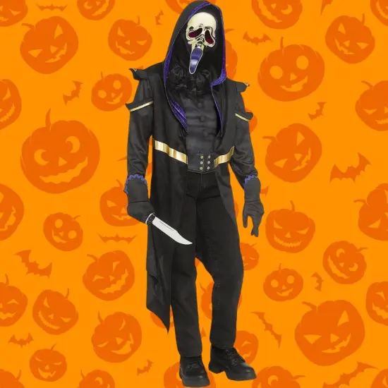 Adults Masquerade Ghost Costume with Hooded Coat and Gold Mask {1}