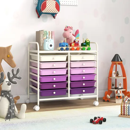 12 Removable Drawers Rolling Storage Cart with 4 Universal Wheels and Metal Frame Purple {1}