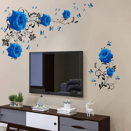 Supzone Blue Rose Wall Stickers Rose Flower Vine Wall Decal Blue Peony Floral Wall Decor DIY Vinyl Mural Art for Bedroom Living Room Sofa Backdrop TV Wall Decoration {5}