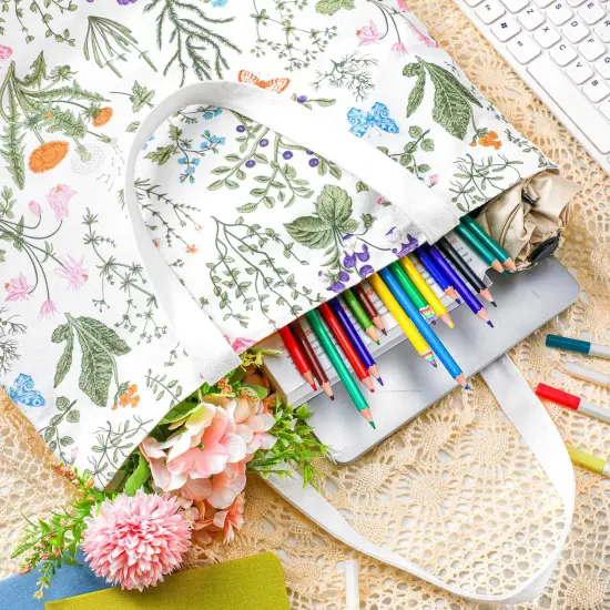 2 Pcs 2 Pcs Spring Canvas Tote Bags Floral Tote Bag Cute Aesthetic Wildflower Herbs Reusable Grocery Bags for Women (Classic) {2}