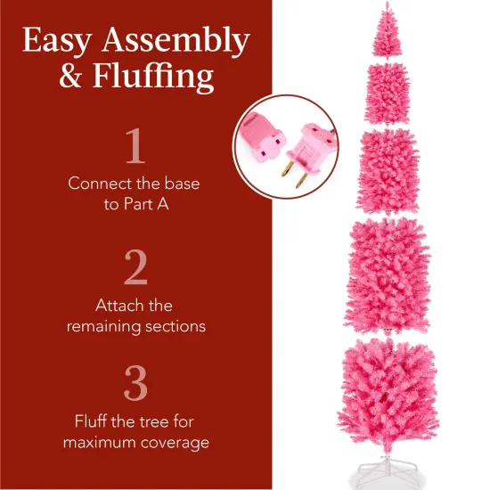 Best Choice Products Pre-Lit Pink Artificial Christmas Tree, Holiday Pencil Tree w/ Metal Stand {4}