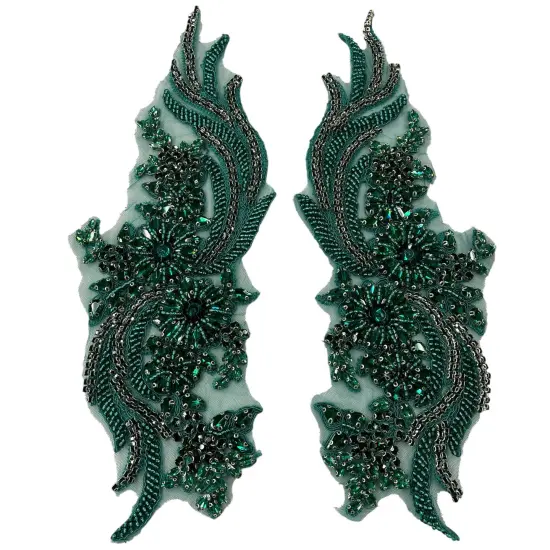 1 Pair 14" x 4" Each Side Crystal Rhinestone Beaded & Corded Lace 100% Polyester Jade {1}