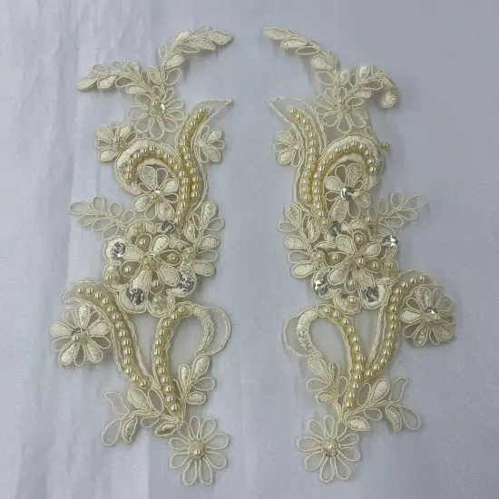 1 Pair Beaded & Corded Floral Lace Applique 9" x 2.5" Each Side Vanilla Color {1}