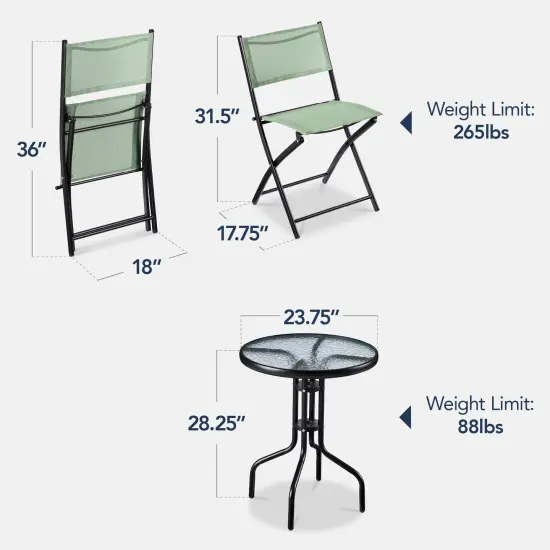 Best Choice Products 3-Piece Patio Bistro Dining Furniture Set w/ Round Textured Glass Tabletop, Folding Chairs Sage {2}