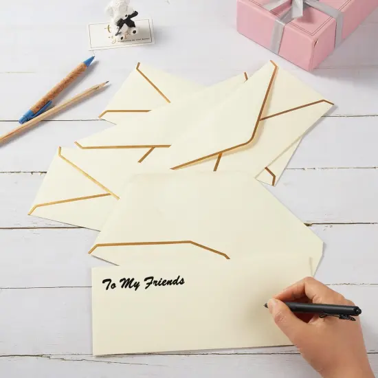 30 Pack Thick #10 Business Envelopes with Gold Border, 4 1/8 x 9 1/2 Thick Paper Standard Envelopes with Stickers for Office, Checks, Letter Mailing, Invoices (Cream Color) {4}