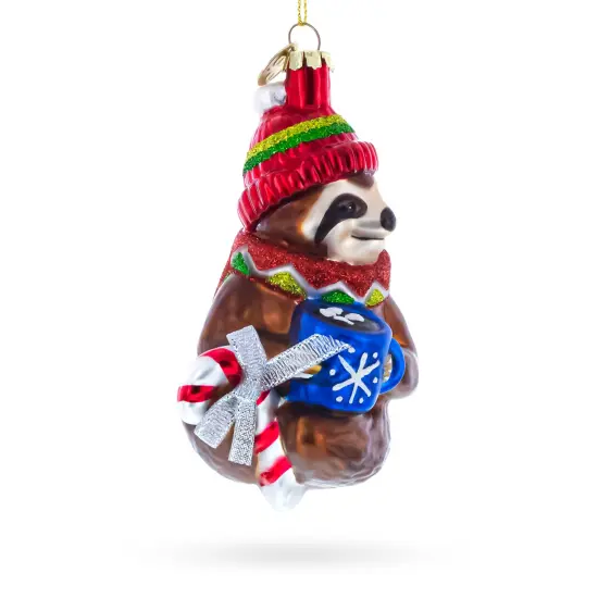 Sloth with Mug Glass Christmas Ornament {4}