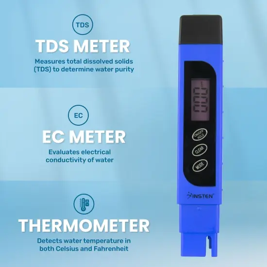 Insten - TDS Meter Digital Water Tester for Drinking Water, 3-in-1 TDS, 0-9999ppm, Temperature and EC Meter with Carrying Case, Blue {3}