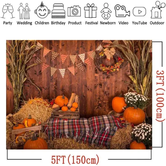 Fall Thanksgiving Photography Backdrop Rustic Wooden- 5x3ft Autumn Pumpkins {4}