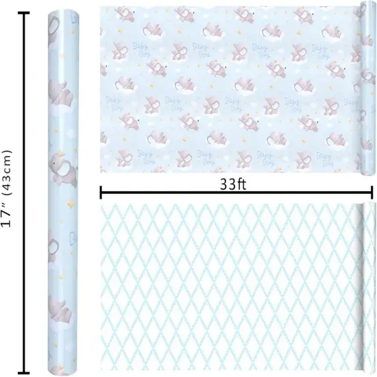 LaRibbons 17" X 33' Reversible Wrapping Paper | Baby Elephant w/ Quilted Back Blue {4}