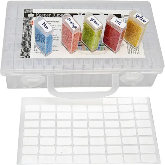 The Beadsmith Personality Case - Clear Storage Carrying Case 8.5 x 5 inches - and 64 flip top Boxes 1 x 2 inches Each, Includes Labels, for organizing and Storage {4}