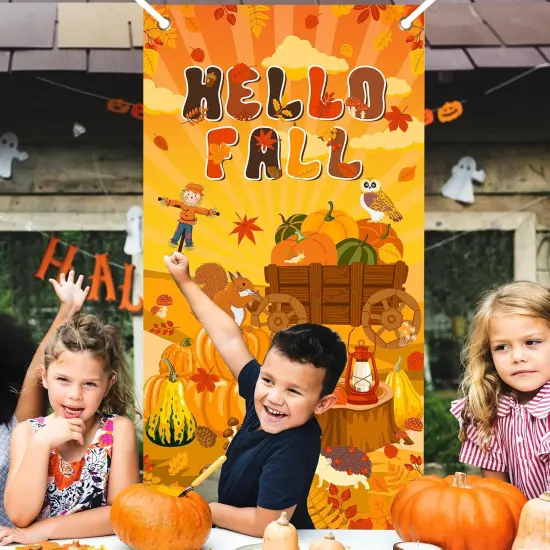 Hello Fall Maple Pumpkin Front Door Banner - Autumn Yard Sign {3}