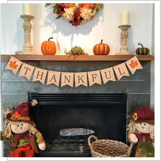 Thankful Burlap Banner Fall Autumn Maple Leaves Rustic Burlap Harvest Banner {2}