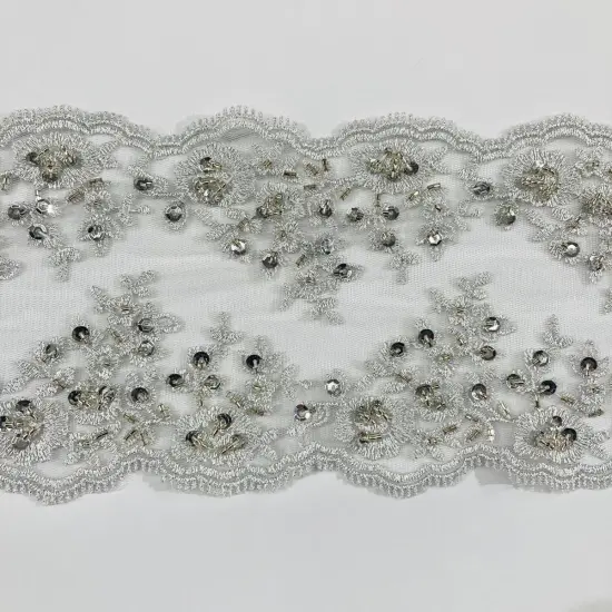 1 Yard Beaded Double-Sided Lace Trimming on 100% Polyester Net Mesh, Elegant Embroidered Design White {5}