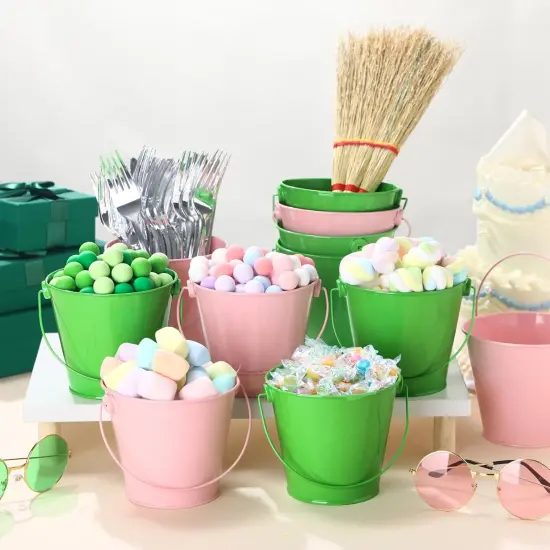 12 Pack Pink and Green Metal Bucket Favors {5}