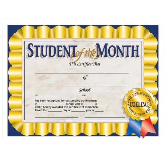 Student of the Month Certificate, 8.5" x 11", Pack of 30 {1}
