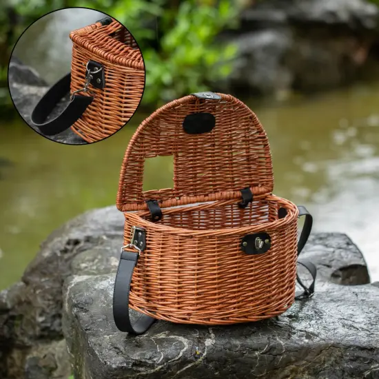Wicker Fishing Creel with Faux Leather Shoulder Strap {3}