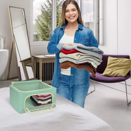 Sorbus 1 Pack Storage Bin with Metal Frame - Stackable & Foldable Bedding, Linen, and Clothes Organizer Bags with Window and Handles Teal {5}