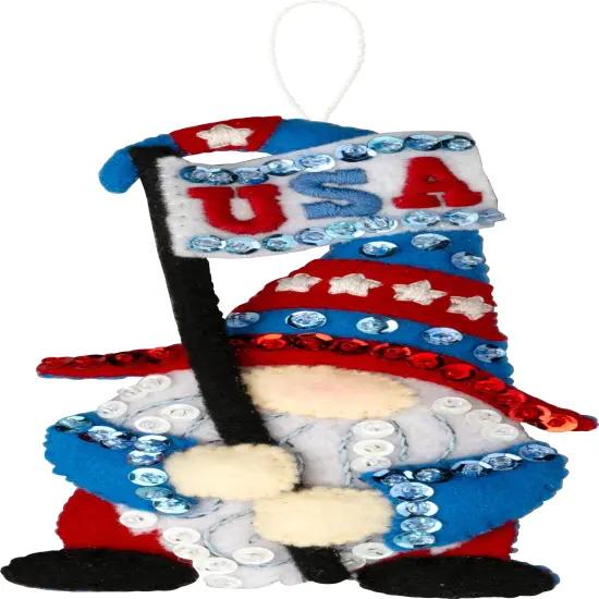 Bucilla Felt Ornaments Applique Kit Set Of 4-Red, White & Blue Gnomes {6}