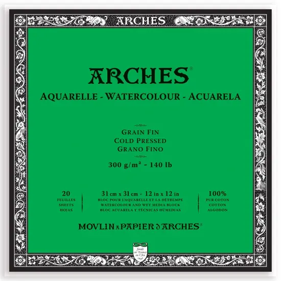 Arches Aquarelle Cold Pressed Watercolor Block 12"X12"- 140lb, 20 Sheets {1}