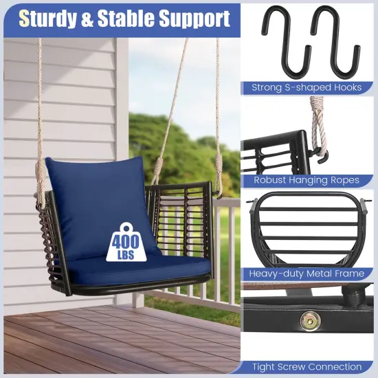 Costway Patio Hanging Rattan Basket Chair Swing Hammock Chair with Seat Cushion Navy/Grey/Beige {6}