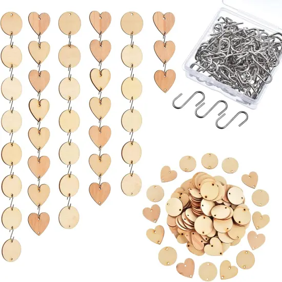 240 Pcs Wooden Circle Set 120 Pcs Wooden Heart Round Tags with Holes 120 Pcs S Shaped Hook {1}
