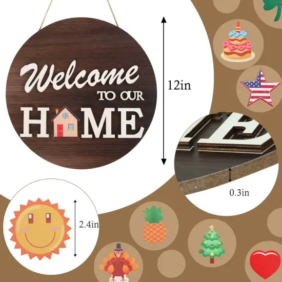 Interchangeable Welcome Sign for Front Door with 4 Seasonal Wreaths and 14 Changeable Icons, Farmhouse Front Door Signs, Door Decoration Porch Decor, Seasonal Wooden Home Sign home d&eacute;cor (6wood) {4}