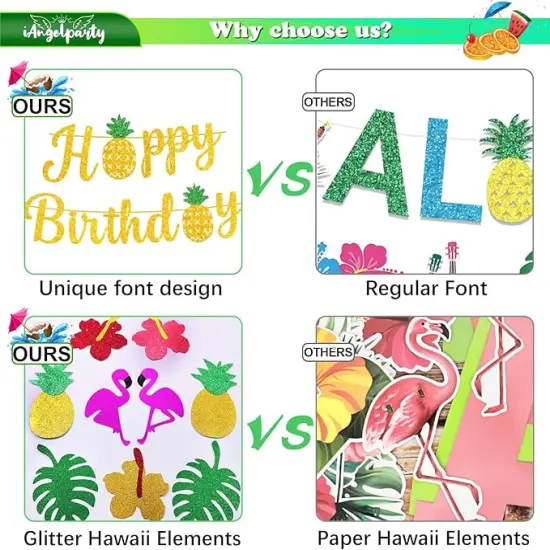 Hawaiian Happy Birthday Banner, Glitter Luau Birthday Party Decorations with Flamingo Pineapple Palm Leaves Flower Garland Hawaiian Banner Aloha Summer Themed Party Decorations for Birthday Decor {4}