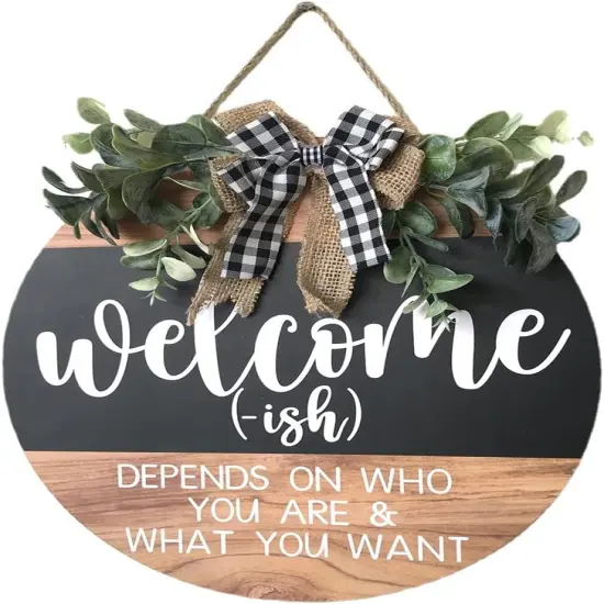Welcome Sign Front for Door Decoration, 12 in Round Wood Wreaths Wall Hanging Outdoor, Farmhouse, Porch, for Summer Fall All Seasons Holiday Christmas {1}