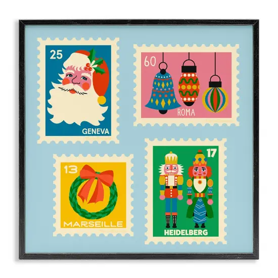 Stupell Industries Vintage Christmas Postage Stamps Framed Giclee Design by Carrie Cantwell {1}