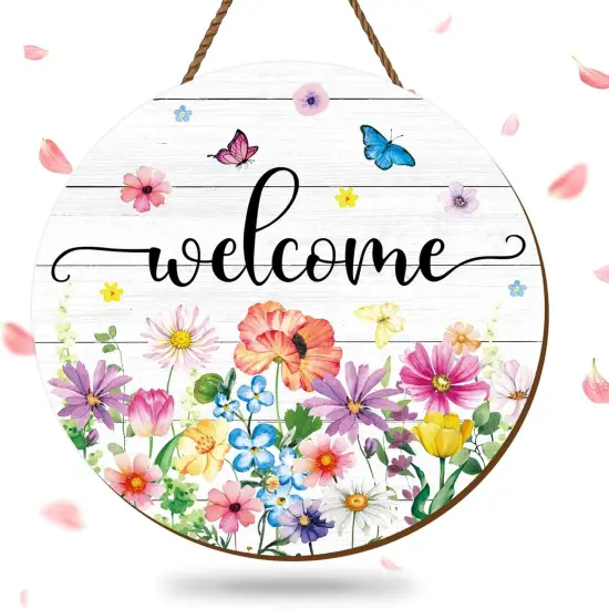 Spring Flower Welcome Door Sign Wildflower Wooden Hanging Sign Floral Butterfly Door Hanger Sign for Spring Indoor Outdoor Farmhouse Home Porch Window Decor {1}