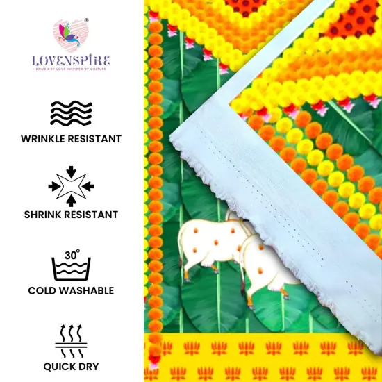 Ganesh and Cow Backdrop 5x8 Feet Indian Traditional Cloth Backdrop Pooja Wall Decor Indian Wall Art Photo Decor Banner Indian Ganesh Pooja Decor Decorative Pooja Cloth {3}