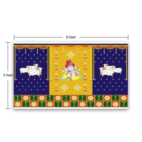 Ganesh with Cow Backdrop 5x8 Feet Indian Traditional Cloth Backdrop Ganesh Pooja Decor Indian Pooja Wall Decor Indian Wall Art Photo Decor Banner Decorative Pooja Cloth {4}