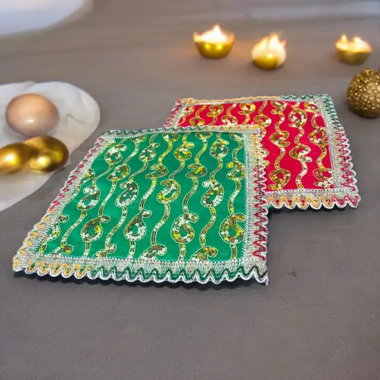 Cloth Pooja Mat Aasan Decorative Silk Mix Fabric Cloth for God Goddess Idol Puja Asan Mandir Temple Home Office Decor Base Chowki Asana Indian Festival Diwali Decoration - Housewarming Gift Red {3}